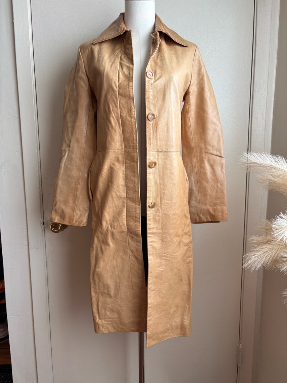 vintage y2k Transmission‎ NY tan leather trench coat